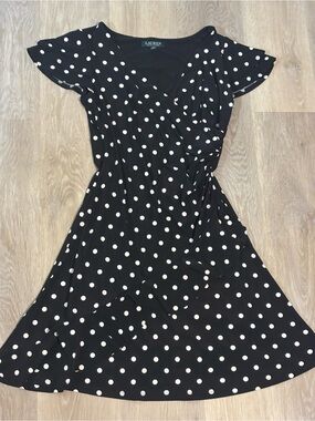 Ralph Lauren Black & White Polka Dot Wrap Midi Dress